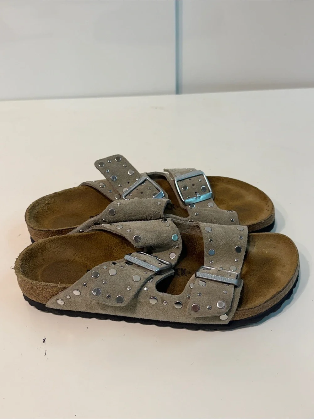 Gently used  Studded Double-Buckle Suede Birkenstock Sandals Taupe women’s 6